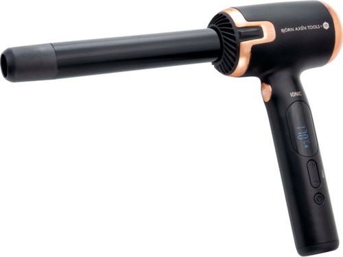 A handheld device with a long, narrow tube, digital screen, and controls, used for cleaning or blowing.
