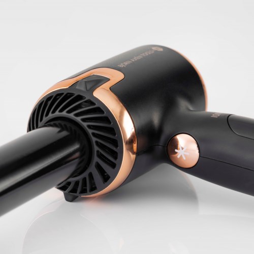 A black and rose gold hairdryer with a circular air intake and buttons on the handle.