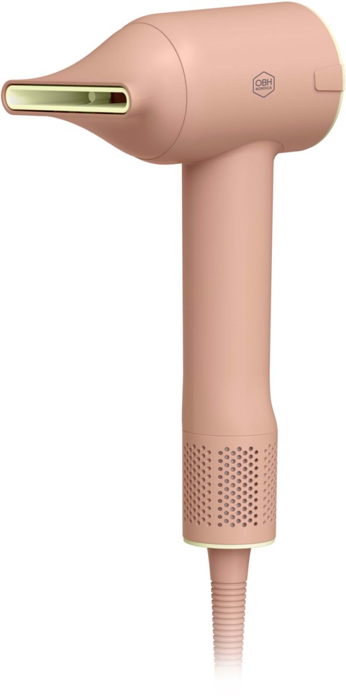 Ett rosa handhållet apparat som liknar en hårtork med en lång pip på toppen.