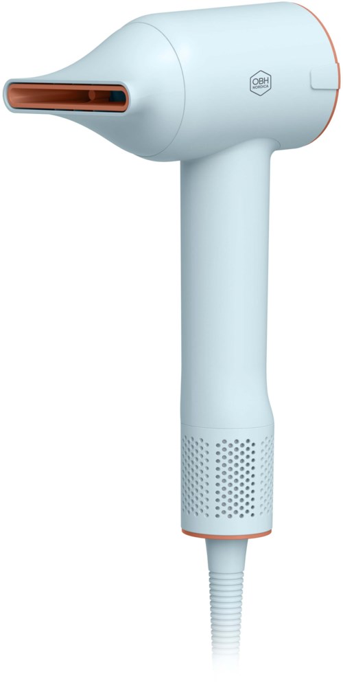 En vit hårtork med lång handtag och ventil, designad för att torka hår.