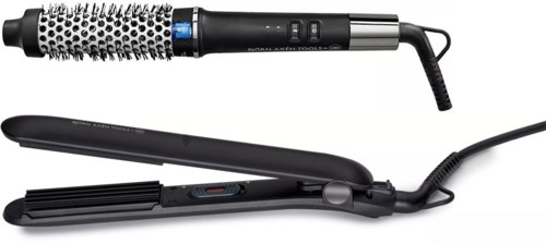Ein Haarstyling-Set mit einer Rundbürste, Lockenstab und Glätteisen für Haarpflege.