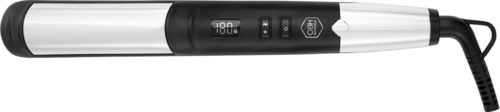 A digital hair curler with temperature display, control buttons, and a power cord.