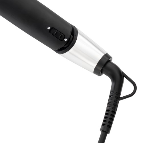A styling tool, possibly a curling or straightening iron, with a black handle and a silver barrel.