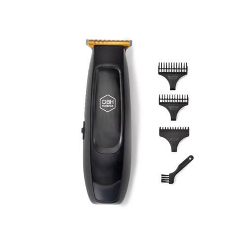 A black electric hair clipper with three different attachment combs and a small cleaning brush.