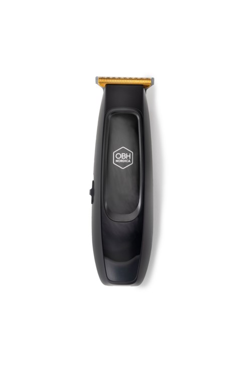Black hair clipper with a gold-colored blade, branded OBH, standing vertically on a white background.