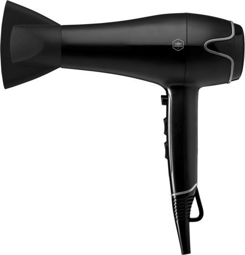 A black travel hair dryer with a handle, buttons on the side, and a wide nozzle for blowing hot air.
