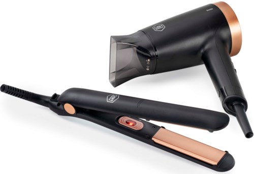 A black hair dryer with rose gold accents and a straight, flat curling iron are shown on a white surface.