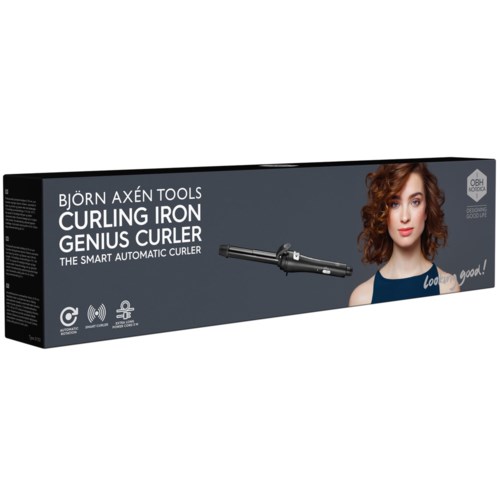 Box showing Björn Axén curling iron with a woman branding the product as easy to use.