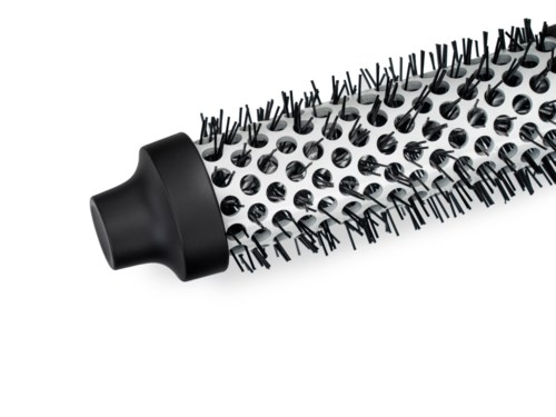 Eine runde Haarbürste mit schwarzen Borsten und schwarzem Griff, zum Stylen der Haare.