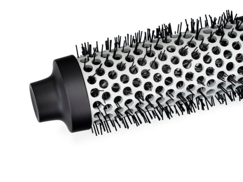 Eine runde Haarbürste mit vielen schwarzen Borsten und einem schwarzen Griff, zum Stylen der Haare.