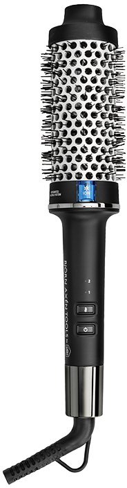 Ein schwarzes und silbernes Haarstyling-Tool mit runder Bürste und digitalem Display.
