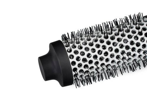 Eine runde Haarbürste mit vielen Borsten, schwarzem Griff und weißem Zylinder.