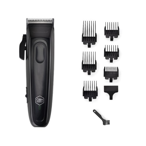 Electric hair clipper with six different grooming guards and a small cleaning brush.