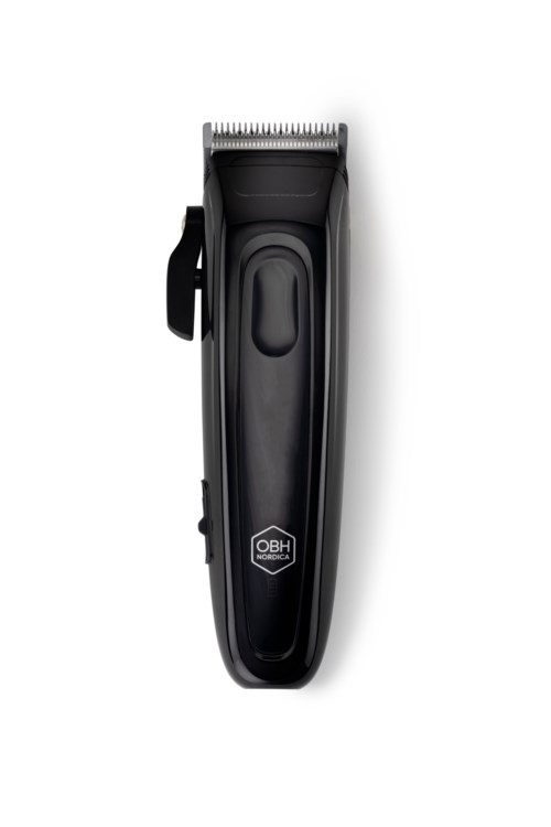 A black hair clipper with a control switch and blades, branded OBH Nordica.