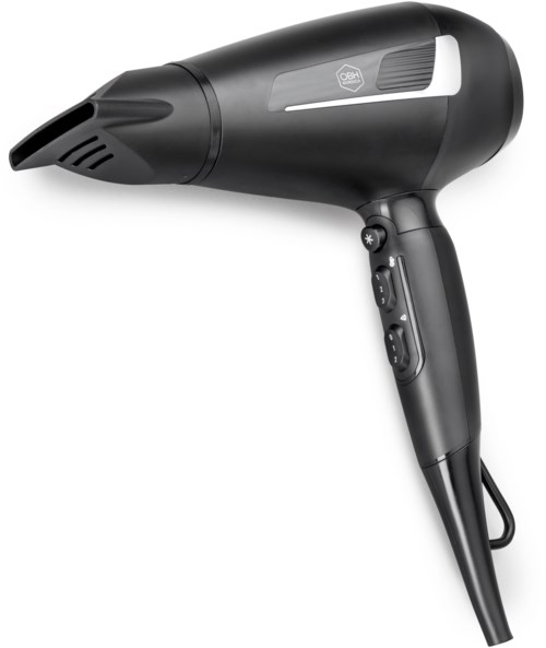 A black handheld hair dryer with buttons on the handle and a cord.