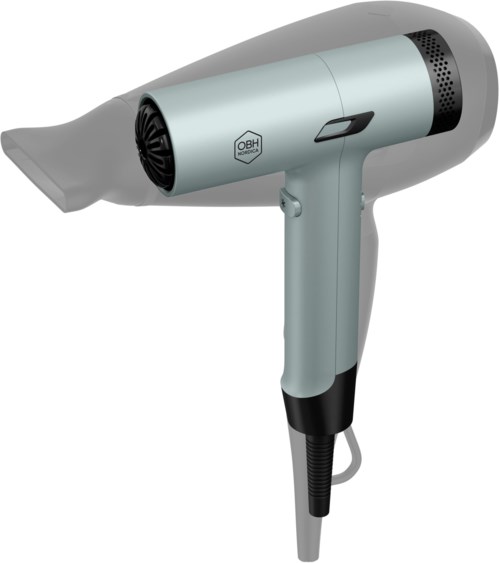 A modern hot air hairdryer in light gray with a black handle and controls.