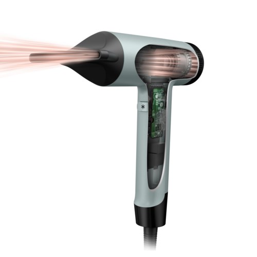 A modern handheld device emitting hot air, likely a hair dryer, with a visible interior circuit board.