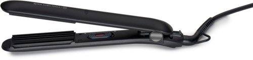 A black hair straightener with a long cord, flat plates, and a control switch in the middle.
