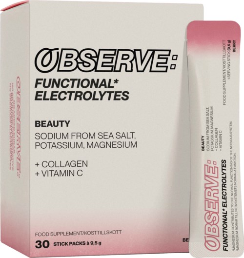En låda med Observe funktionella elektrolyter med ingredienser som havssalt, kalium, magnesium, kollagen och C-vitamin.