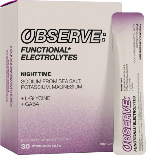 Låda med Observe funktionella elektrolyter med smak av mint och GABA. Innehåller 30 sticks, vardera 9,3 gram.