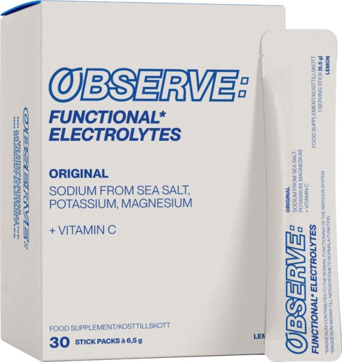 Förpackningsbox för Observe funktionella elektrolyter med citron smak, visar ingredienser och produktdetaljer.