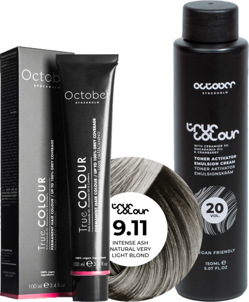 Black bottle of hair toner next to a box and a hair sample with light blond color.