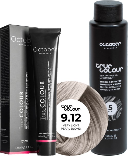 A hair dye kit with a black bottle, tube, and a hair color sample labeled '9.12 Pearl Blond 5 Vol.'