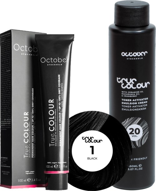 Black hair dye spray and toner bottle, both labeled 'October' and 'True Colour', with a vinyl record beside them.