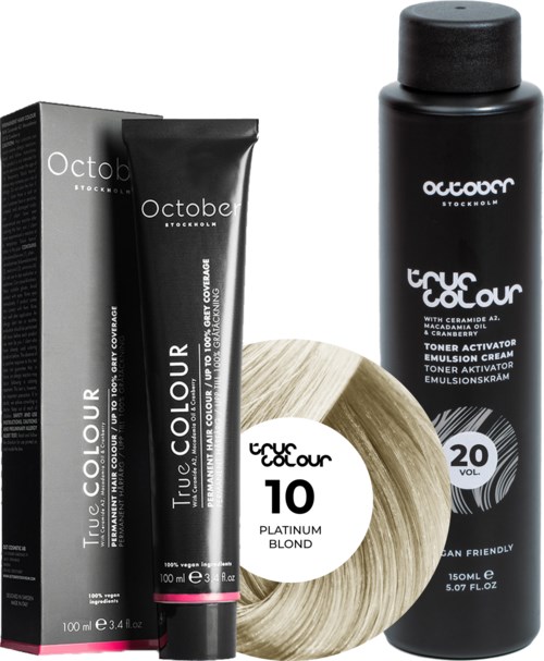 Hair products include a black toner bottle, a tube, a box, and a blonde hair swatch.