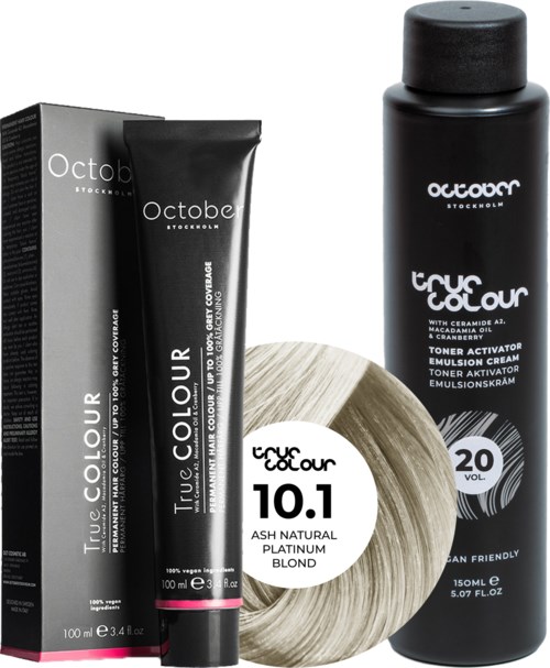 A hair color product set with a black shampoo bottle, a tube of hair dye, and a hair color swatch in blonde.
