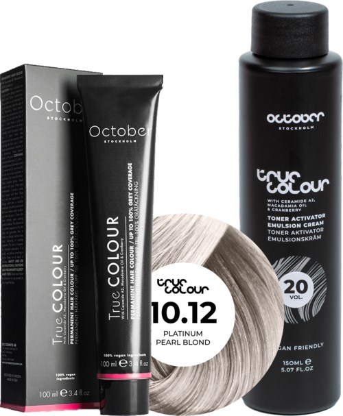 Black hair toner bottle, hair color cream, and hair swatch with blonde shade. All are related to hair coloring.