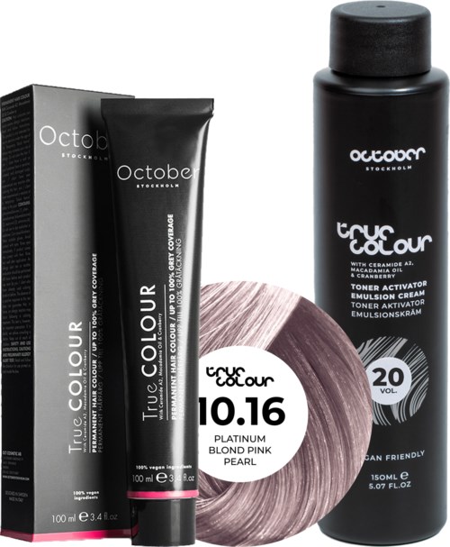 Black hair toner bottle, tube, and a round hair dye product labeled 'Platinum Blond Pink Pearl'.