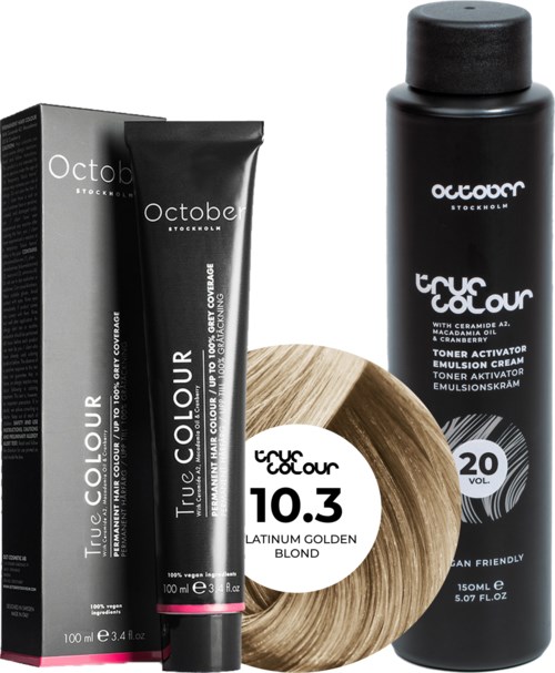A hair dye product with a black bottle, a box, a tube labeled 'True Colour,' and a hair swatch in blonde.