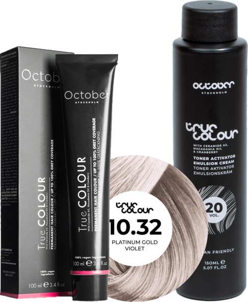 Black hair color cream and hair dye spray bottle with brand names and information, along with a hair sample.