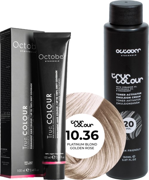 A hair dye kit with a black tube, a box, a large black bottle, and a round hair color sample. Focus is on blonde shade.
