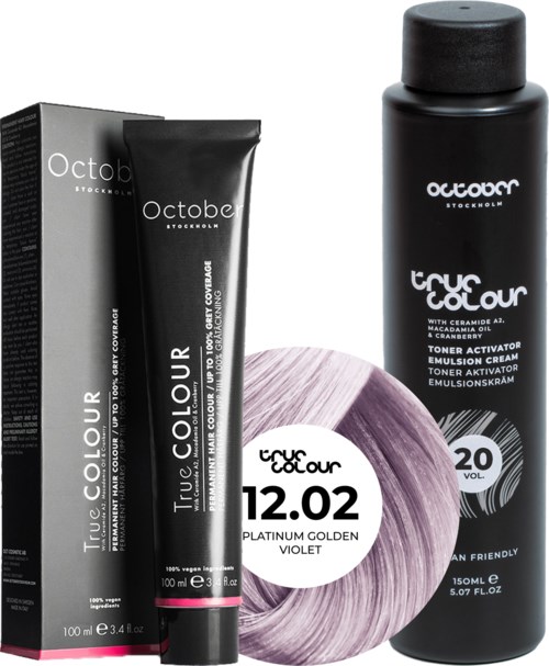 Two hair color products and a hair color swatch showing violet, black bottle, black tube, and purple dye.