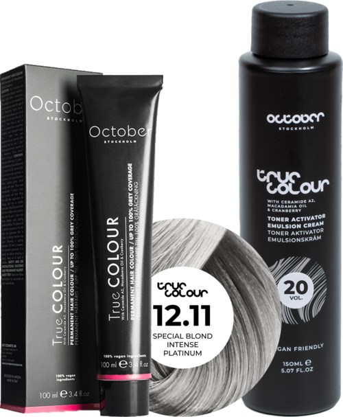 A black box and tube of hair color, a spool of hair dye, and a black bottle with white text for toner.