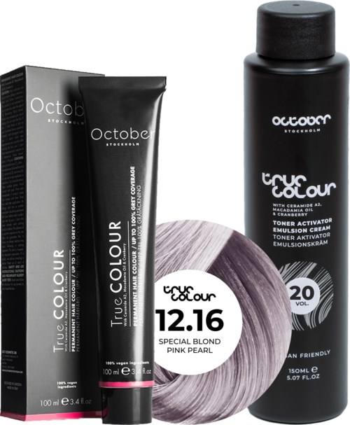 A hair color kit with a black bottle, a box, a tube, and a hair swatch showing blond, pink, and pearl shades.