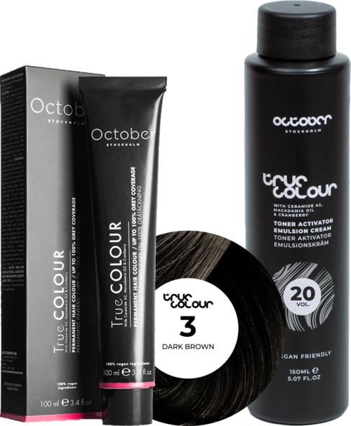 Black hair dye product with tube, box, vinyl record with label, and spray bottle. Octobe brand, true colour, dark brown shade.