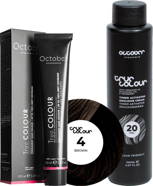 A black hair dye tube, a large black bottle, and a small vinyl record labeled '4 Brown' are shown.