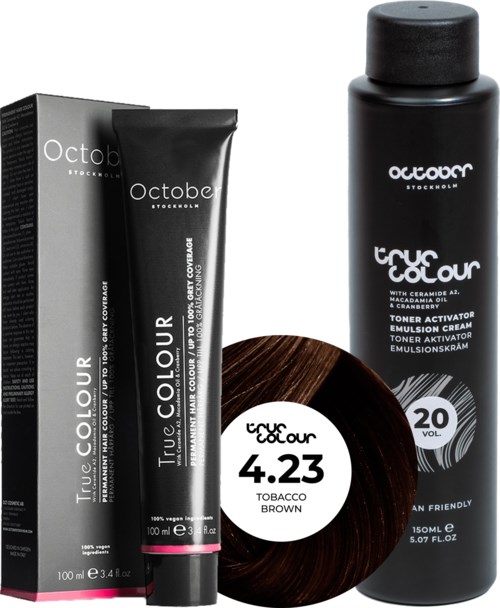 A black bottle, a tube, a box, and a circular hair color sample for tobacco brown, with white text and a swirl design.