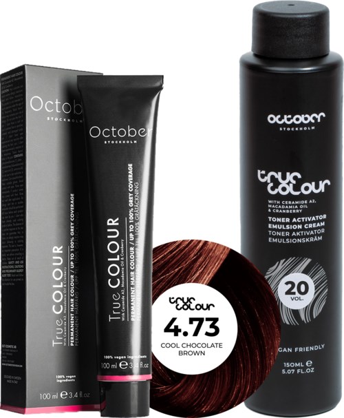 Black hair dye bottle and box, with a brown color swatch and product information on a white background.