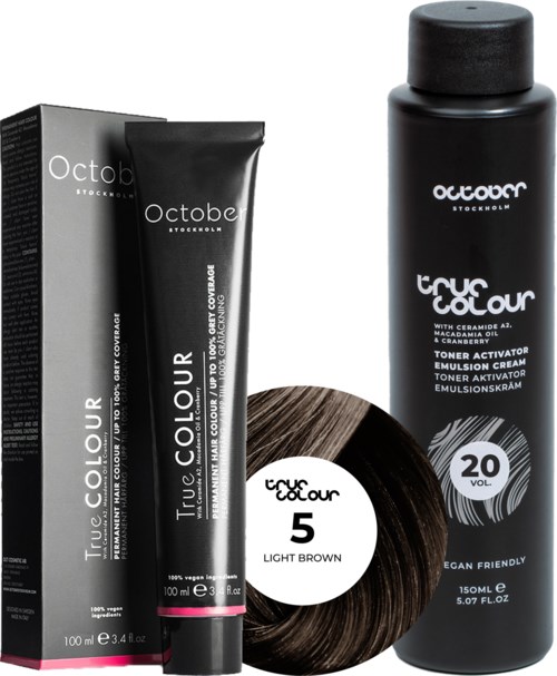 Black hair dye tube and bottle, with dark brown hair sample label, company logo, and product details visible.