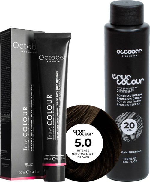 A hair dye product set includes a black tube, a black bottle, a box, and a small container of hair color.