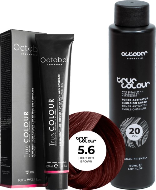 Black bottle of true colour toner with white text, a brown hair dye, and a black box of hair dye.