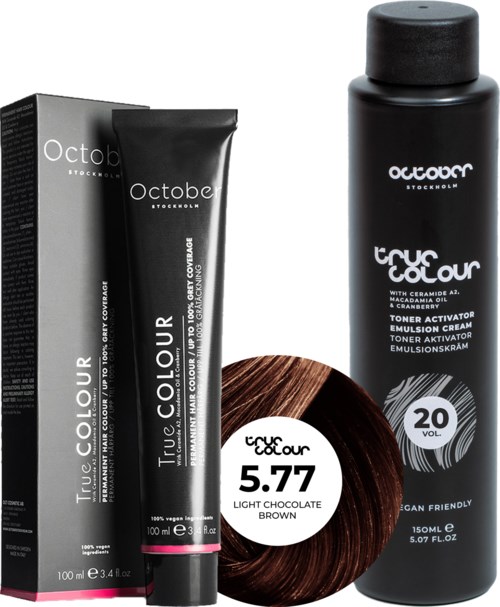 A black hair dye tube and a matching spray bottle, along with a brown wig patch, all from OctaColor brand.