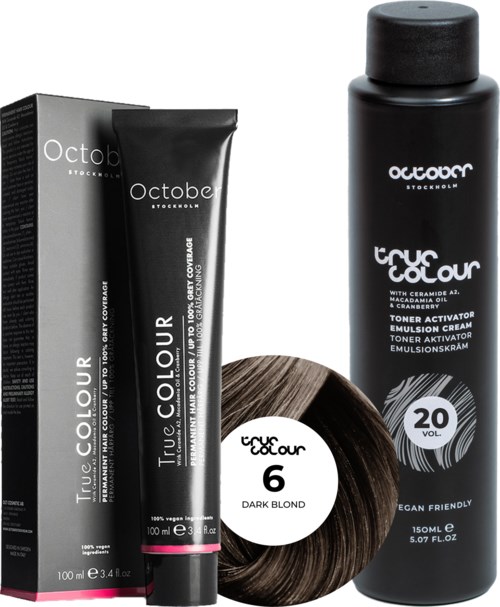 Box of hair dye, tube, bottle, and hair sample, all labeled with hair color and brand OctaBar.