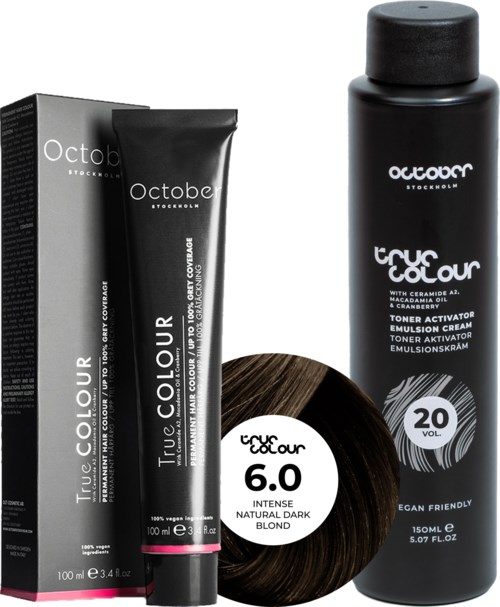 Hair dye box, tube, and spray bottle in black with white and pink text, labeled "True Colour" and "Octob".