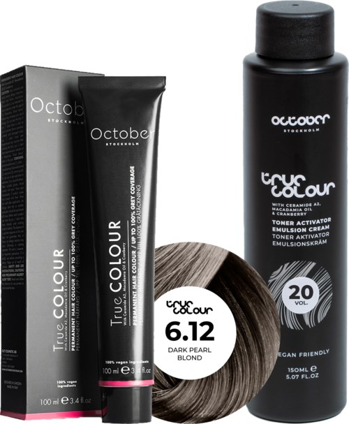 Three hair products in black packaging: a box, a tube, and a bottle, with white and pink labels, and a hair swatch.