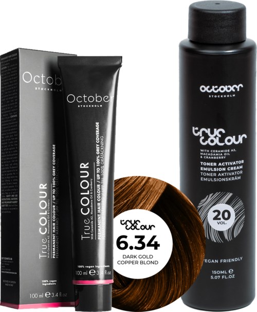 Bright hair dye product with black bottle, box, and a hair sample showing dark gold copper blond color.